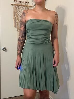 Strapless Ruched Bodice A-Line Dress in Sage Green